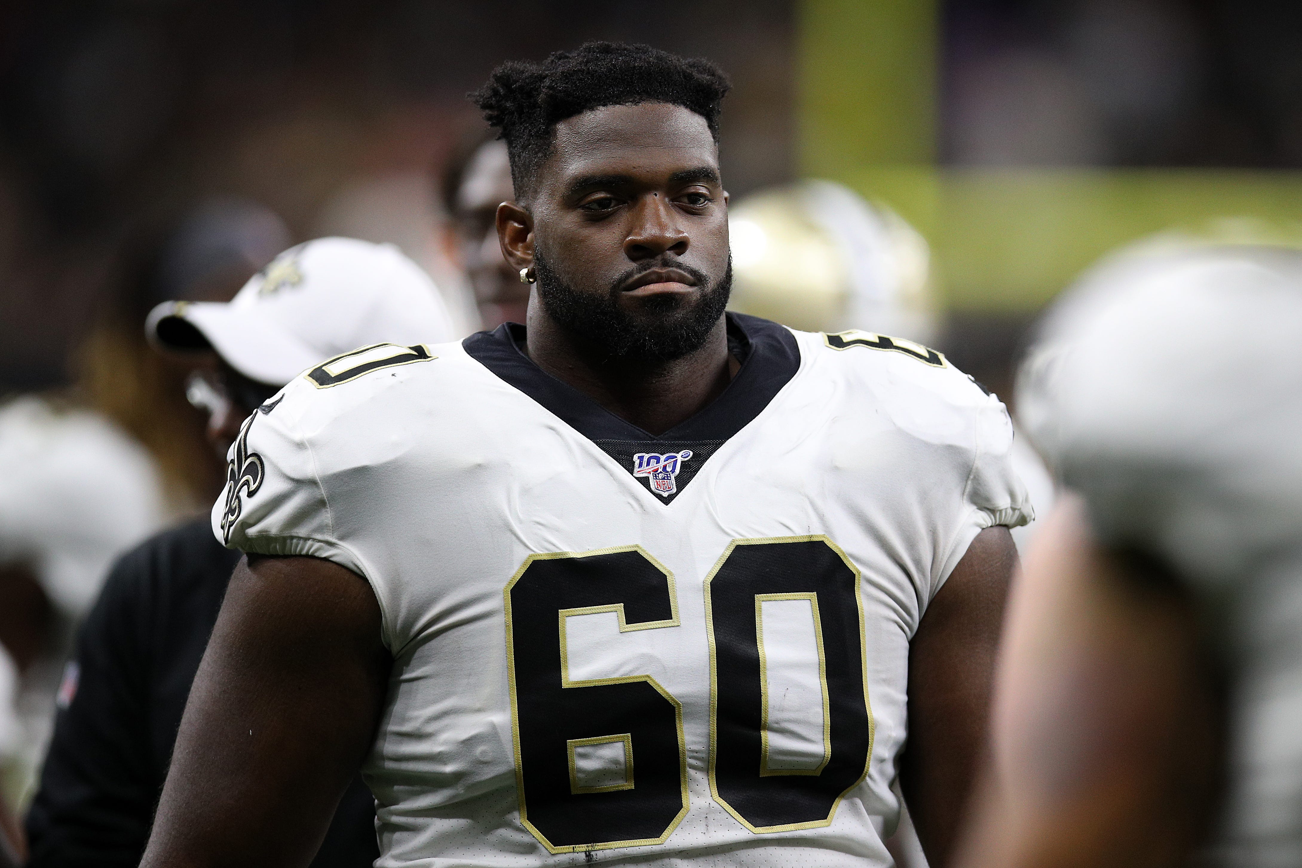NEW ORLEANS, LOUISIANA - AUGUST 09: Patrick Omameh #60 of the New Orleans Saints during a preseason game at the Mercedes Benz Superdome on August 09, 2019 in New Orleans, Louisiana. (Photo by Chris Graythen/Getty Images)