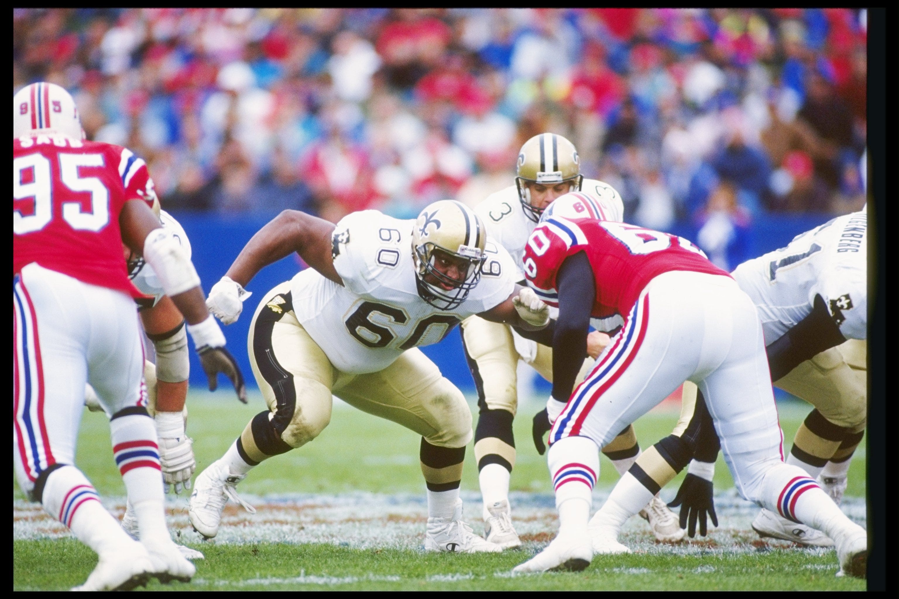 8 Nov 1992: Offensive lineman Derek Kennard of the New Orleans Saints looks on during a game against the New England Patriots at Foxboro Stadium in Foxboro, Massachusetts. The Saints won the game, 31-14.