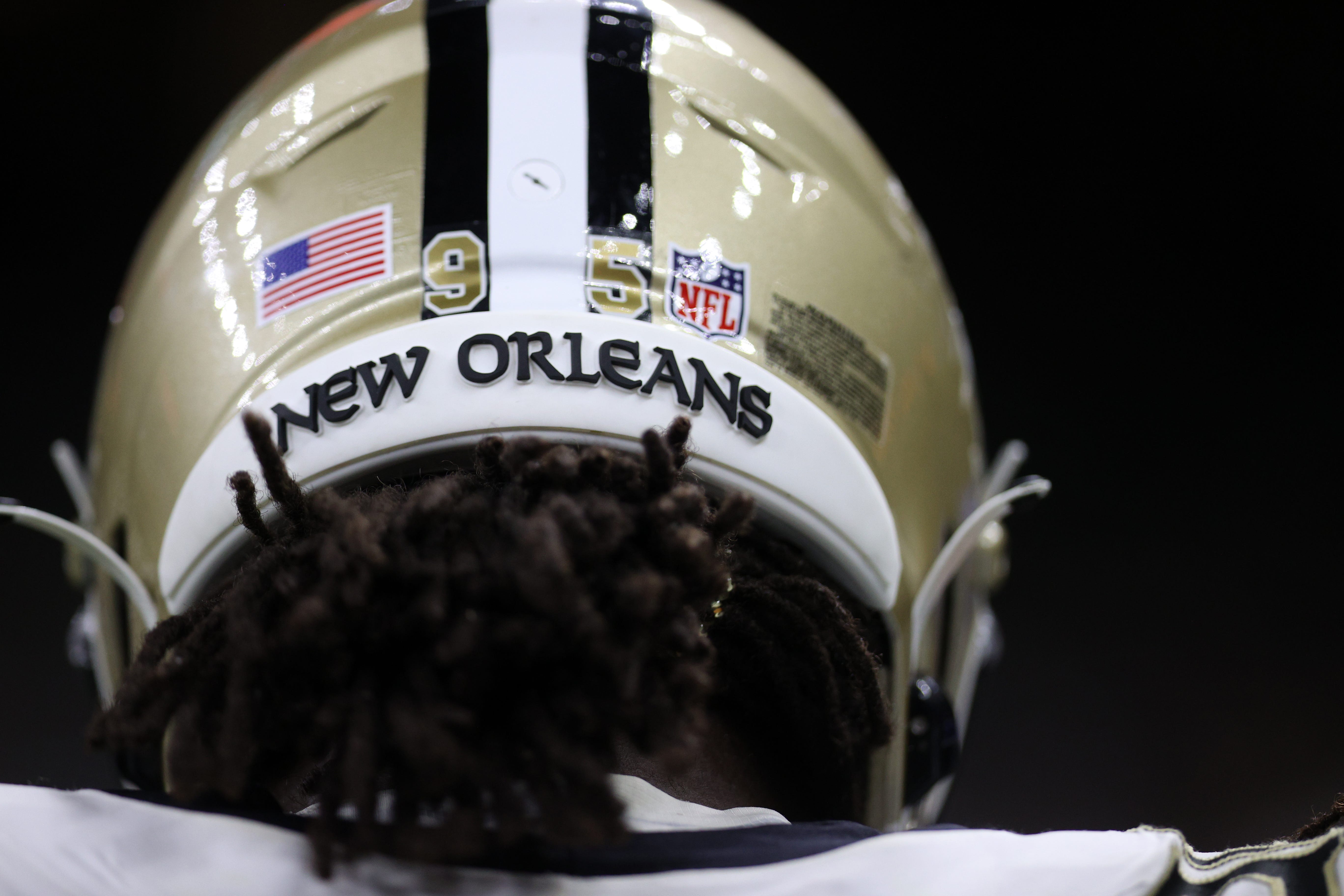 NEW ORLEANS, LOUISIANA - AUGUST 23: Albert Huggins #95 of the New Orleans Saints looks on during the game against the Jacksonville Jaguars at Caesars Superdome on August 23, 2021 in New Orleans, Louisiana. (Photo by Chris Graythen/Getty Images)