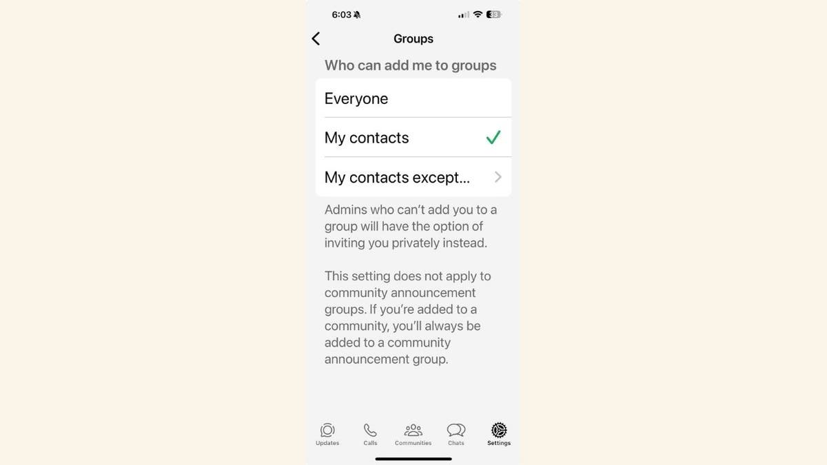 WhatsApp 'Who can add me to groups' setting (Kurt "CyberGuy" Knutsson)