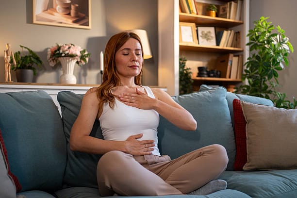 Diaphragmatic Breathing: Sit comfortably with your knees bent. Place one hand on your chest. Place the other hand on your abdomen. Inhale deeply through your nose. This allows your belly to expand. Follow through, and slowly exhale through your mouth. You will feel your abdominal area relax. Repeat this several times. Diaphragmatic Breathing: Sit comfortably with your knees bent. Place one hand on your chest. Place the other hand on your abdomen. Inhale deeply through your nose. This allows your belly to expand. Follow through, and slowly exhale through your mouth. You will feel your abdominal area relax. Repeat this several times.