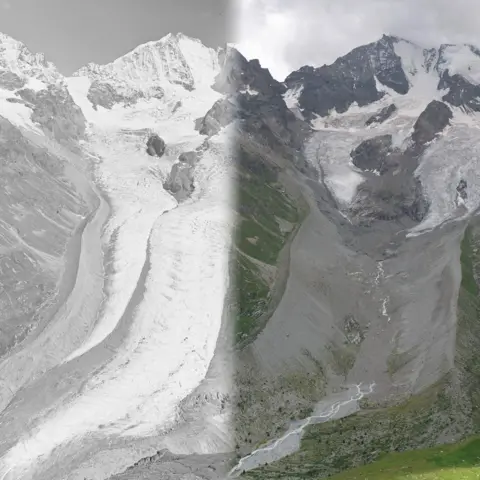 BBC Blended image comparison of the Tschierva Glacier in 1935 on the left and 2022 on the right. The glacier extends far down the valley in 1935 but has retreated way up the valley by 2022.