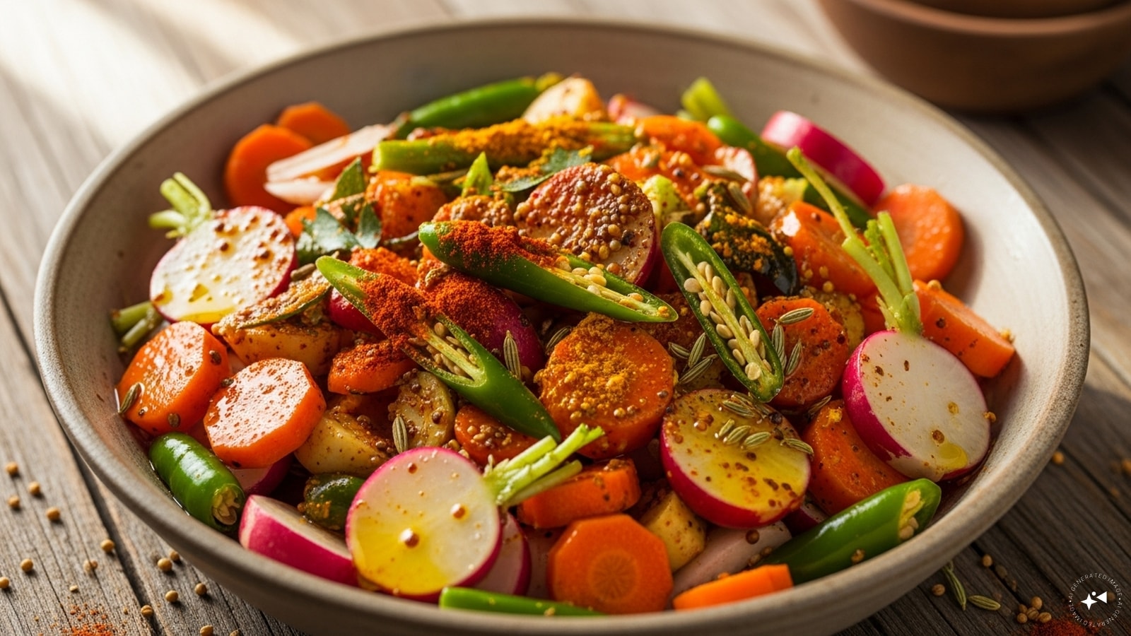 Ingredients: Carrots (Gajar) – 2 medium, cut into thin sticks | Radish (Mooli) – 1 medium, cut into thin sticks | Green chilies – 3-4, slit lengthwise | Mustard seeds (Rai) – 2 teaspoons | Fenugreek seeds (Methi) – 1 teaspoon | Fennel seeds (Saunf) – 1 teaspoon | Turmeric powder – ½ teaspoon | Red chili powder – 1 teaspoon (adjust to taste) | Salt – 1½ teaspoons (or to taste) | Mustard oil – 3-4 tablespoons | Lemon juice – 2 tablespoons (optional, for extra tang) Ingredients: Carrots (Gajar) – 2 medium, cut into thin sticks | Radish (Mooli) – 1 medium, cut into thin sticks | Green chilies – 3-4, slit lengthwise | Mustard seeds (Rai) – 2 teaspoons | Fenugreek seeds (Methi) – 1 teaspoon | Fennel seeds (Saunf) – 1 teaspoon | Turmeric powder – ½ teaspoon | Red chili powder – 1 teaspoon (adjust to taste) | Salt – 1½ teaspoons (or to taste) | Mustard oil – 3-4 tablespoons | Lemon juice – 2 tablespoons (optional, for extra tang)