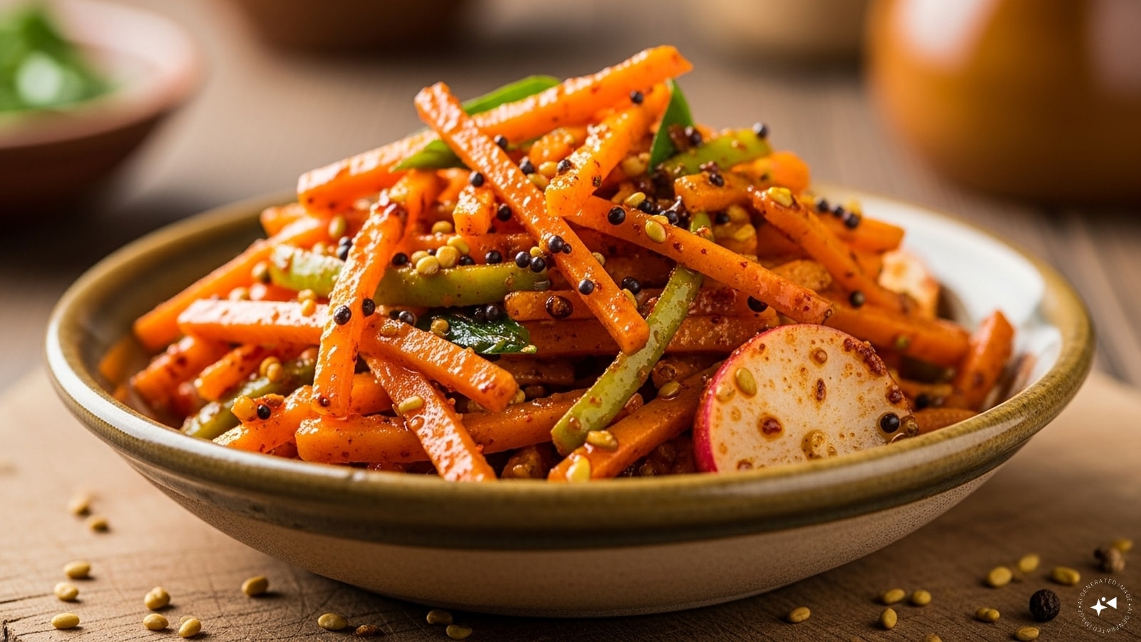 Step 5: Combine with vegetablesPlace the carrot, radish, and green chilies in a large bowl. Pour the spiced oil mixture over them and toss well until all pieces are coated evenly. Step 5: Combine with vegetablesPlace the carrot, radish, and green chilies in a large bowl. Pour the spiced oil mixture over them and toss well until all pieces are coated evenly.