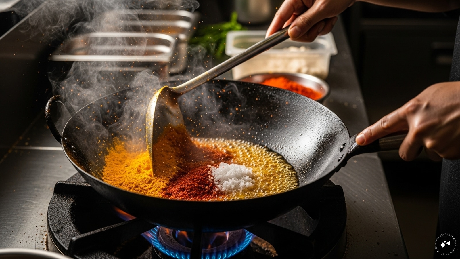 Step 4: Add powdered spicesMix in turmeric powder, red chili powder, and salt. Stir quickly so the spices don’t burn. Step 4: Add powdered spicesMix in turmeric powder, red chili powder, and salt. Stir quickly so the spices don’t burn.