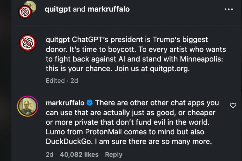 Mark Ruffalo urges fans to boycott top AI company boycott